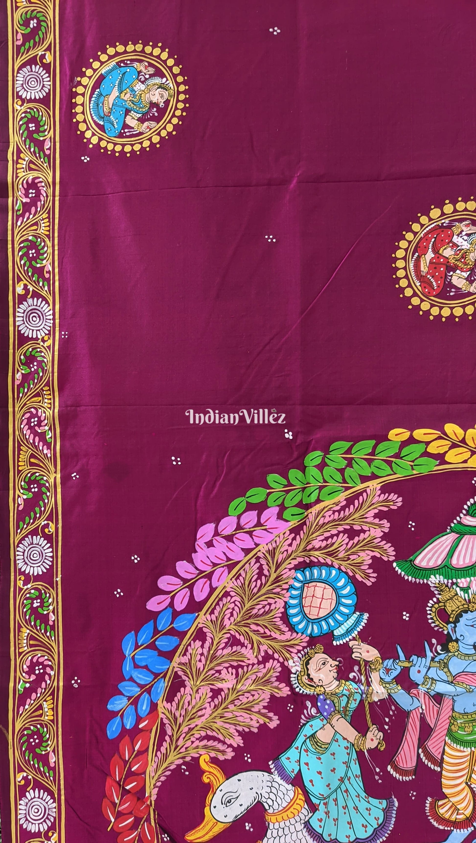 Wine Radha Krishna Boita Hand-Painted Pattachitra Saree