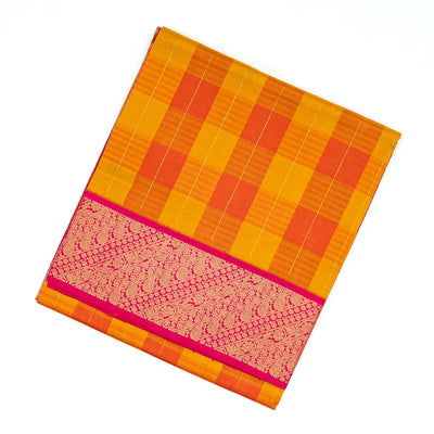 Orange & Mustard Handloom Kora Silk Saree With Checks & Pink Border