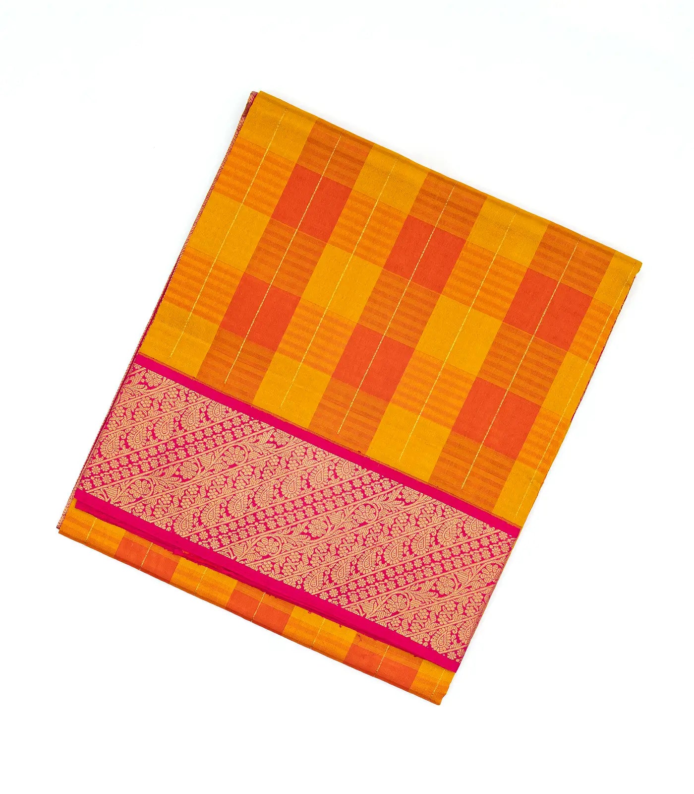 Orange & Mustard Handloom Kora Silk Saree With Checks & Pink Border