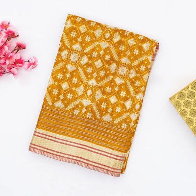 Oil Mustard Handloom Tussar Silk Saree Printed With Floral Motifs