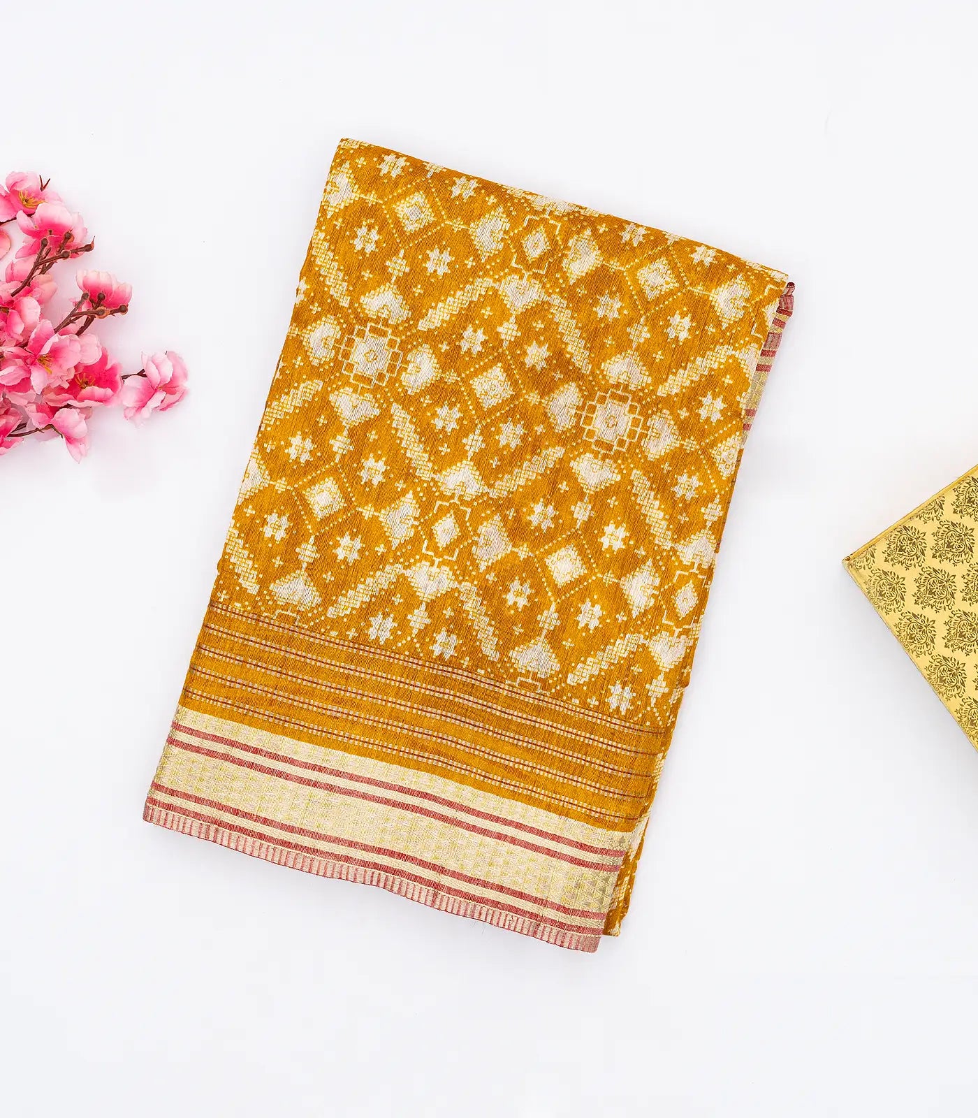Oil Mustard Handloom Tussar Silk Saree Printed With Floral Motifs