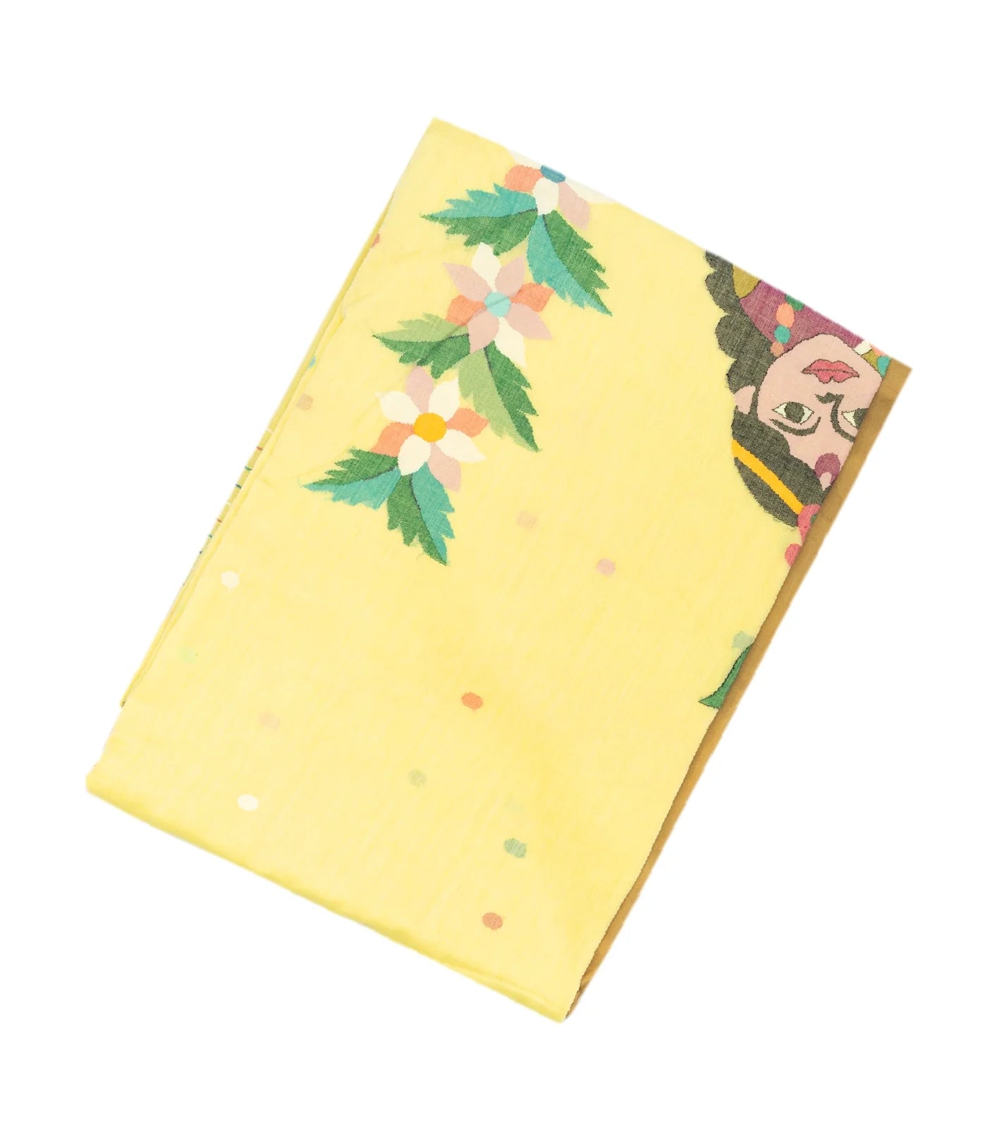 Yellow Handloom Bengal Cotton Saree With Radha Krishna In a Floral Swing Pallu design