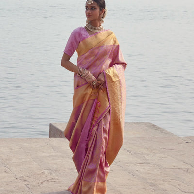 Baby Pink Handloom Kanchipuram Silk Saree With Floral Vine Motifs