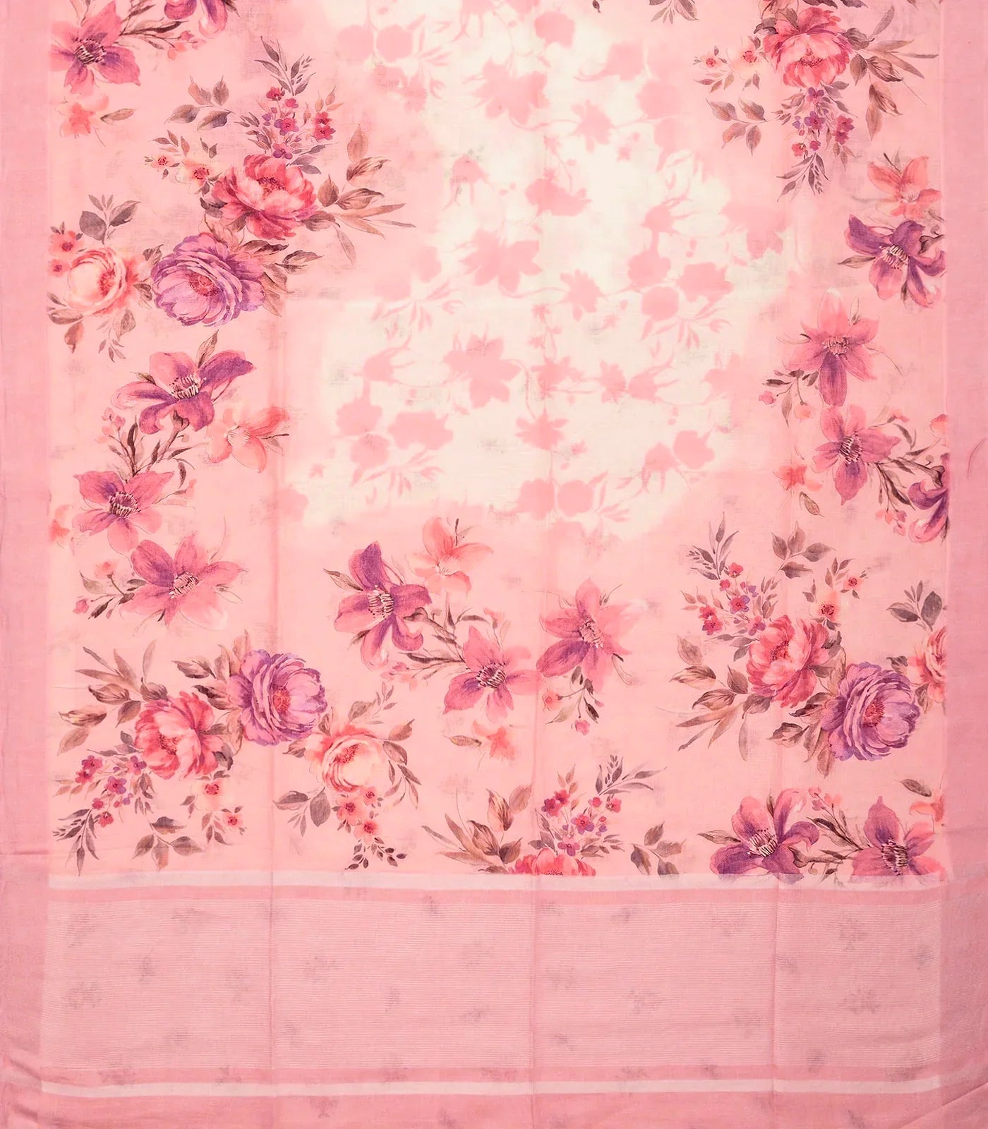 Baby Pink Handloom Linen Saree With Printed Floral Motifs