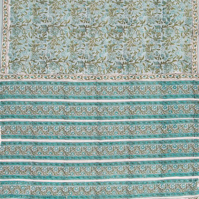 Turquoise Woven Jaipur Cotton Saree Printed With Green Floral Motifs