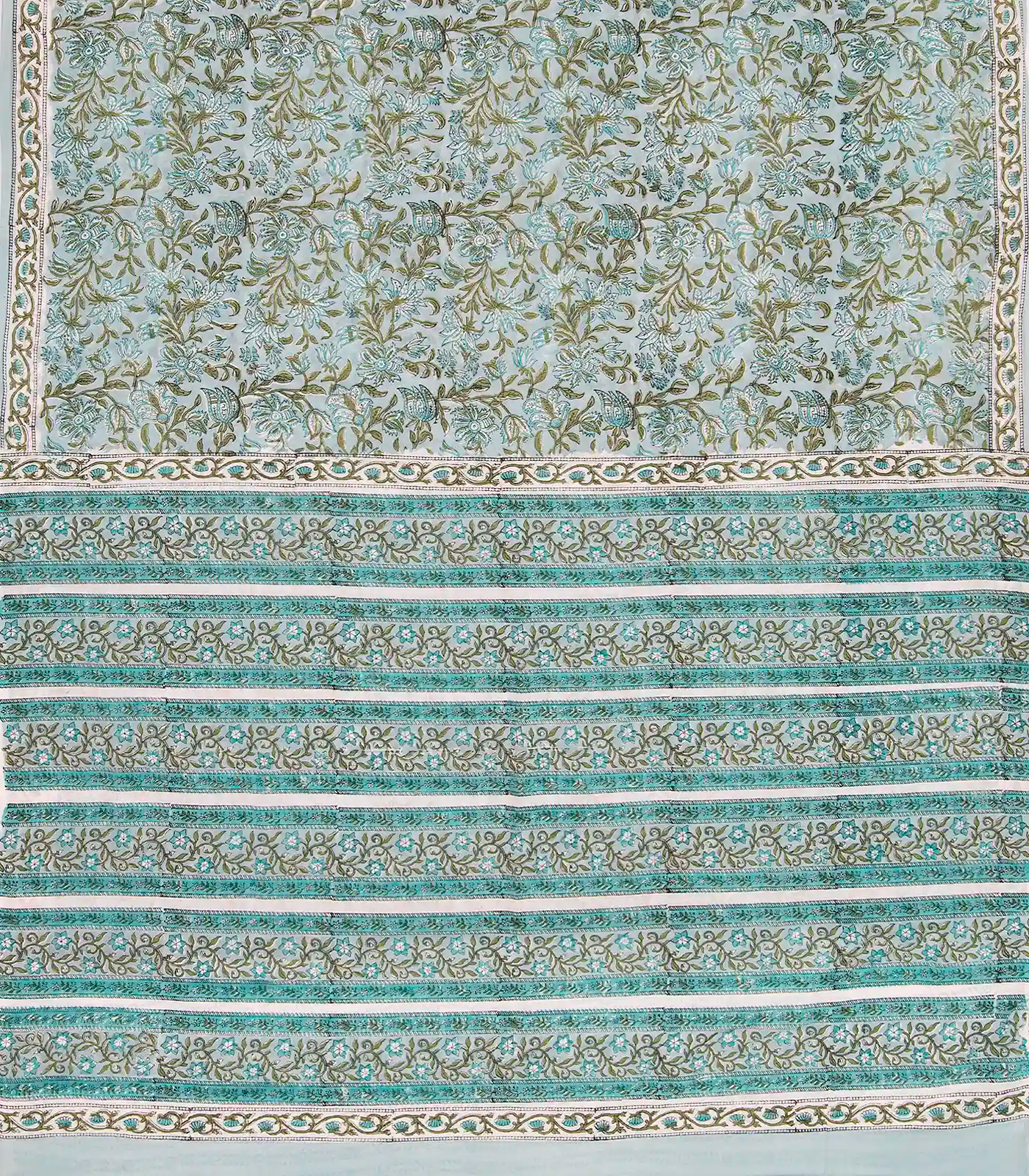 Turquoise Woven Jaipur Cotton Saree Printed With Green Floral Motifs