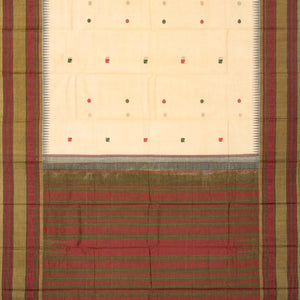 Cream Handloom Korvai Kanchi Cotton Saree With Annam Buttas