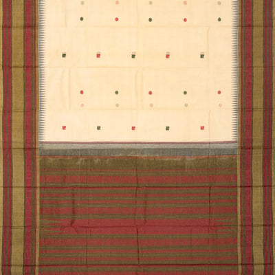 Cream Handloom Korvai Kanchi Cotton Saree With Annam Buttas