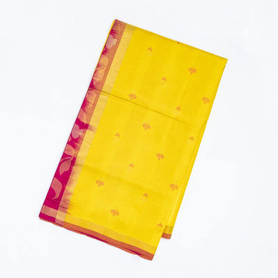 Yellow Handloom Uppada Silk Saree With Floral Buttas & Pink Pallu
