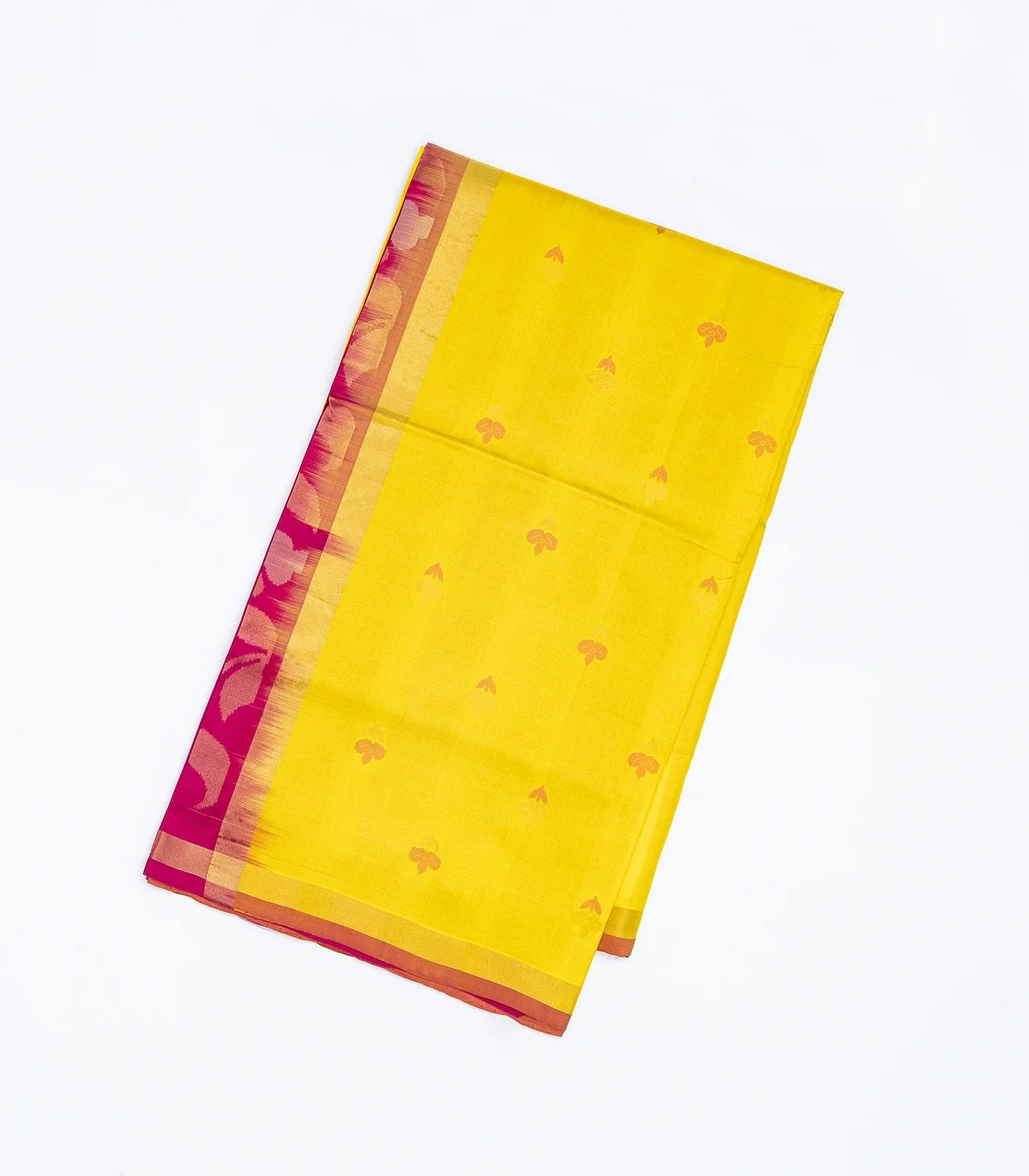 Yellow Handloom Uppada Silk Saree With Floral Buttas & Pink Pallu