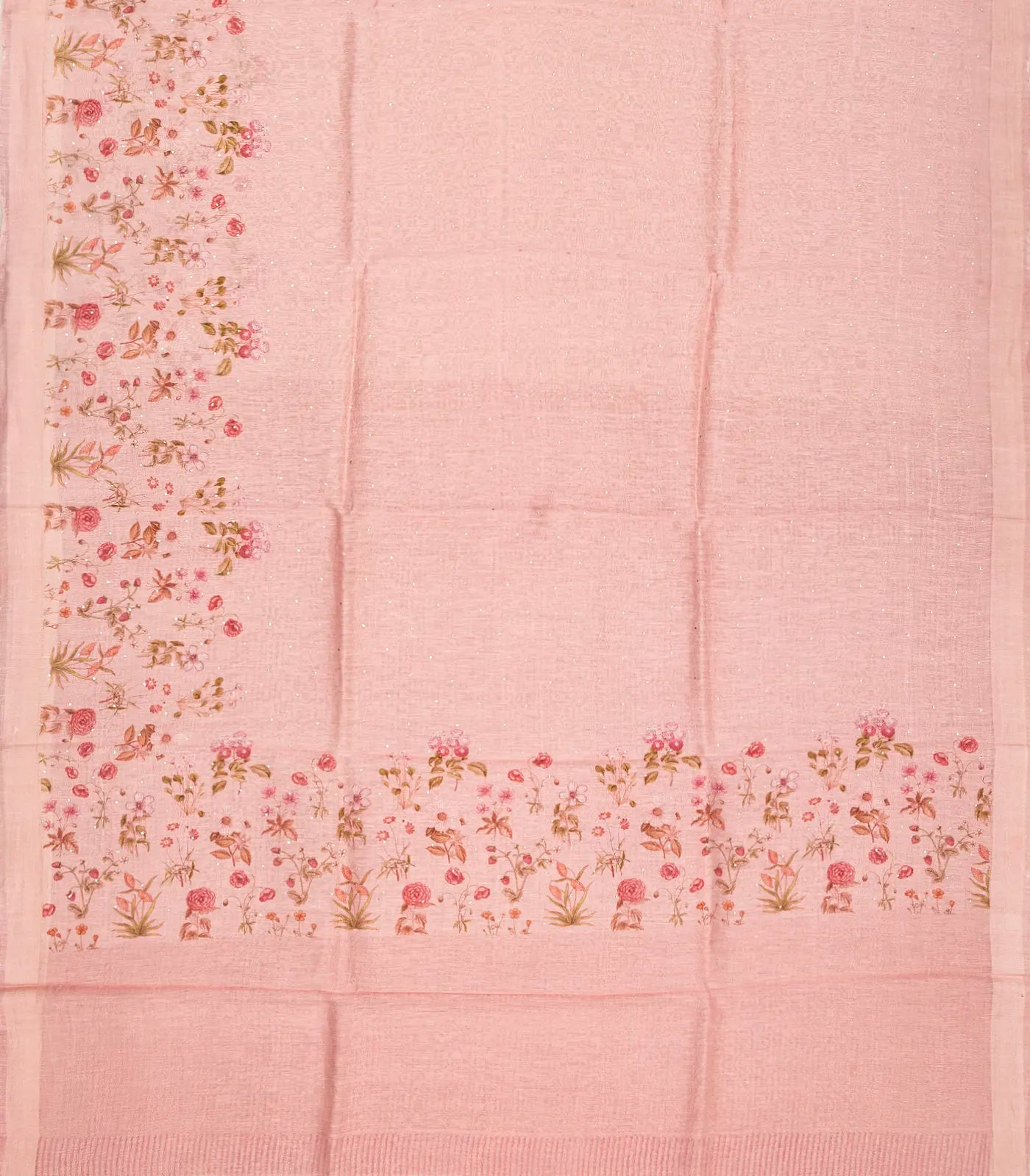Dusty Pink Handwoven Linen Saree Printed With Floral Motifs In Border