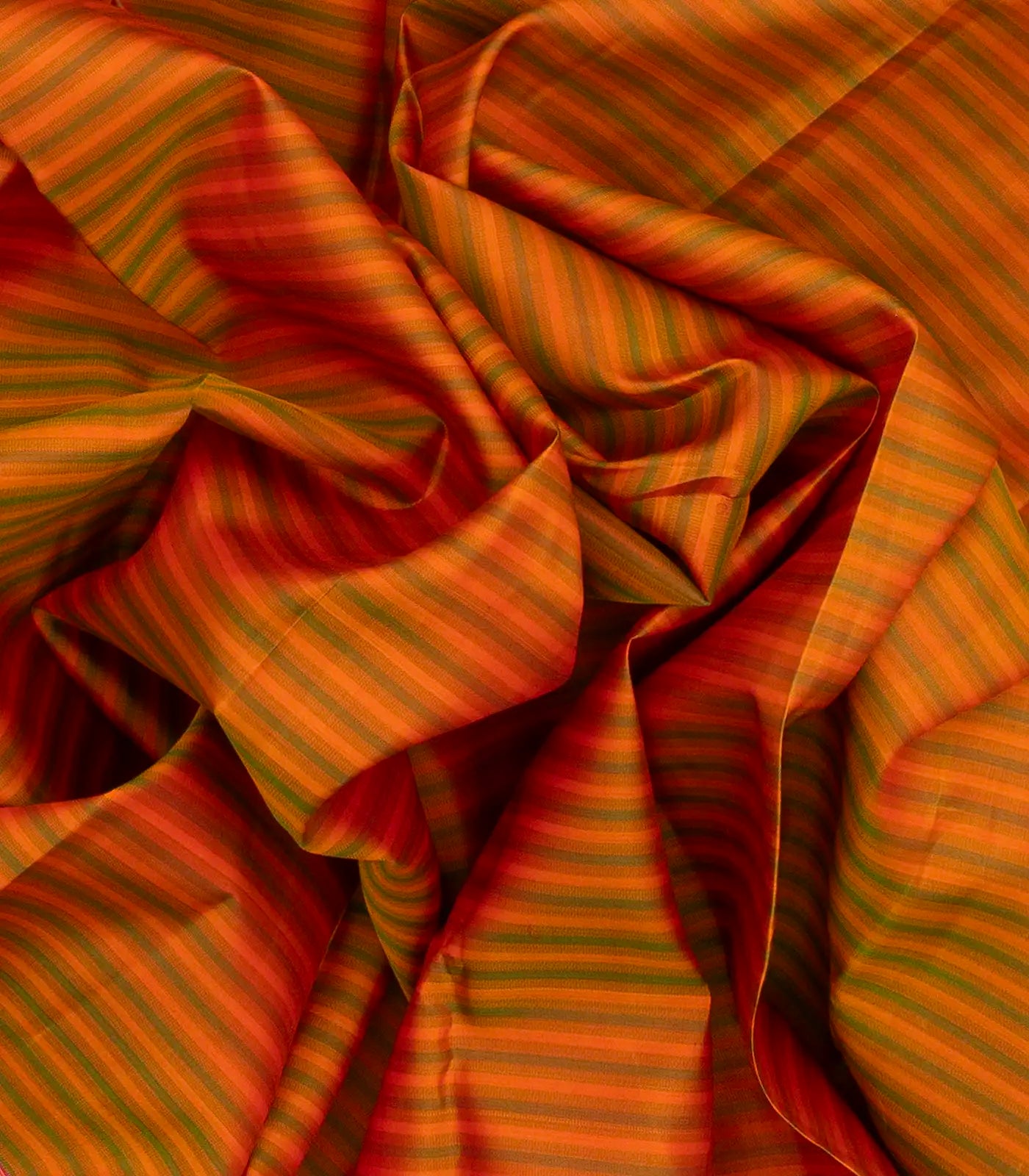 Orange Handloom Kanchipuram Silk Saree With Green Stripes