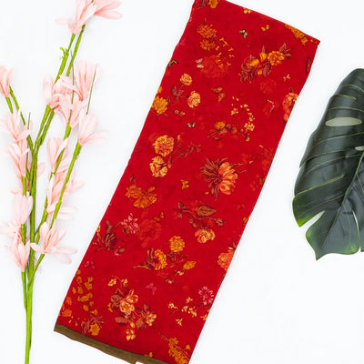 Red Woven Digital Printed Georgette Silk Saree With Floral Motifs