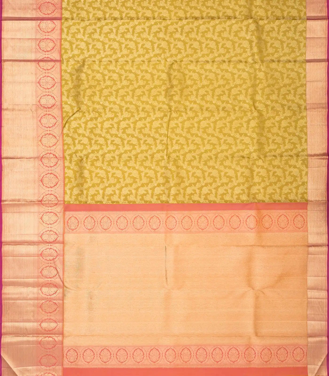Mustard Handloom Kanchipuram Korvai Silk Saree With Floral Vine Motifs