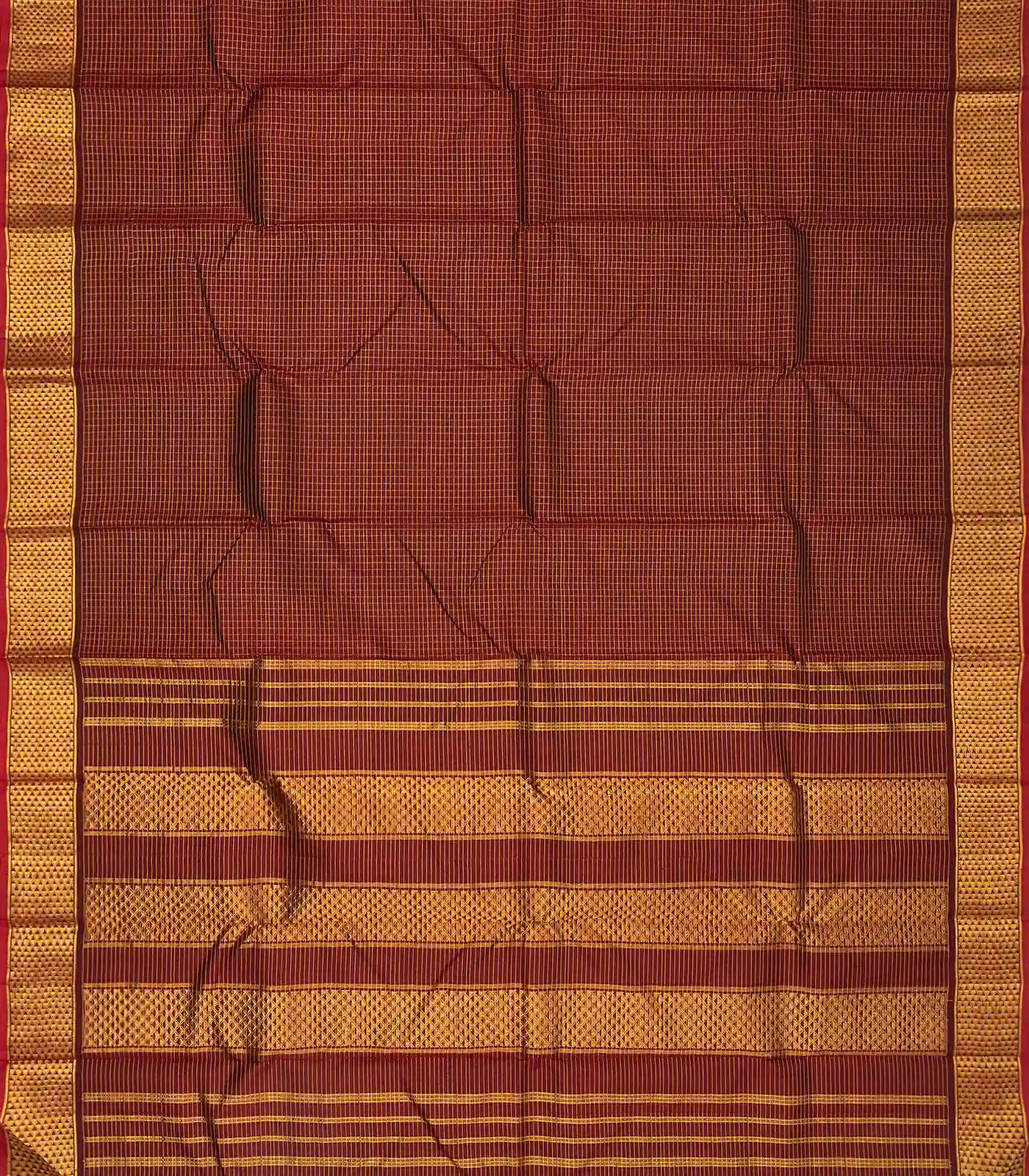 Maroon Handloom Kanchipuram Silk Saree With Zari Checks