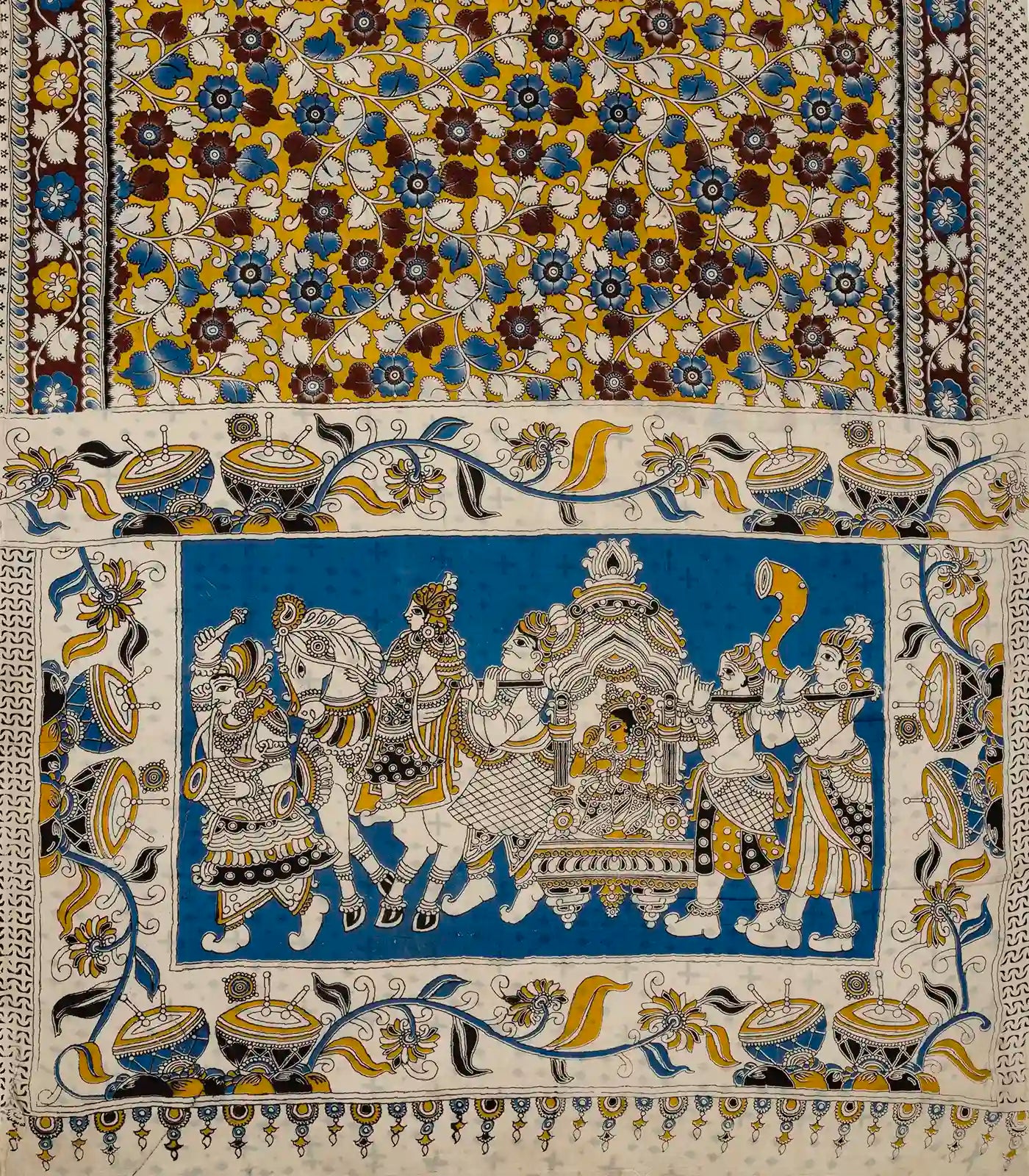 Mustard Handloom Kalamkari Cotton Saree With Printed Floral Motifs