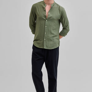 Olive Mandarin Linen Blend Shirt