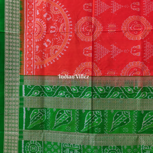 Orange Green Laxmi Pada Jhoti Design Sambalpuri Ikat Bomkai Silk Saree