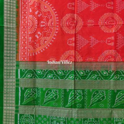 Orange Green Laxmi Pada Jhoti Design Sambalpuri Ikat Bomkai Silk Saree