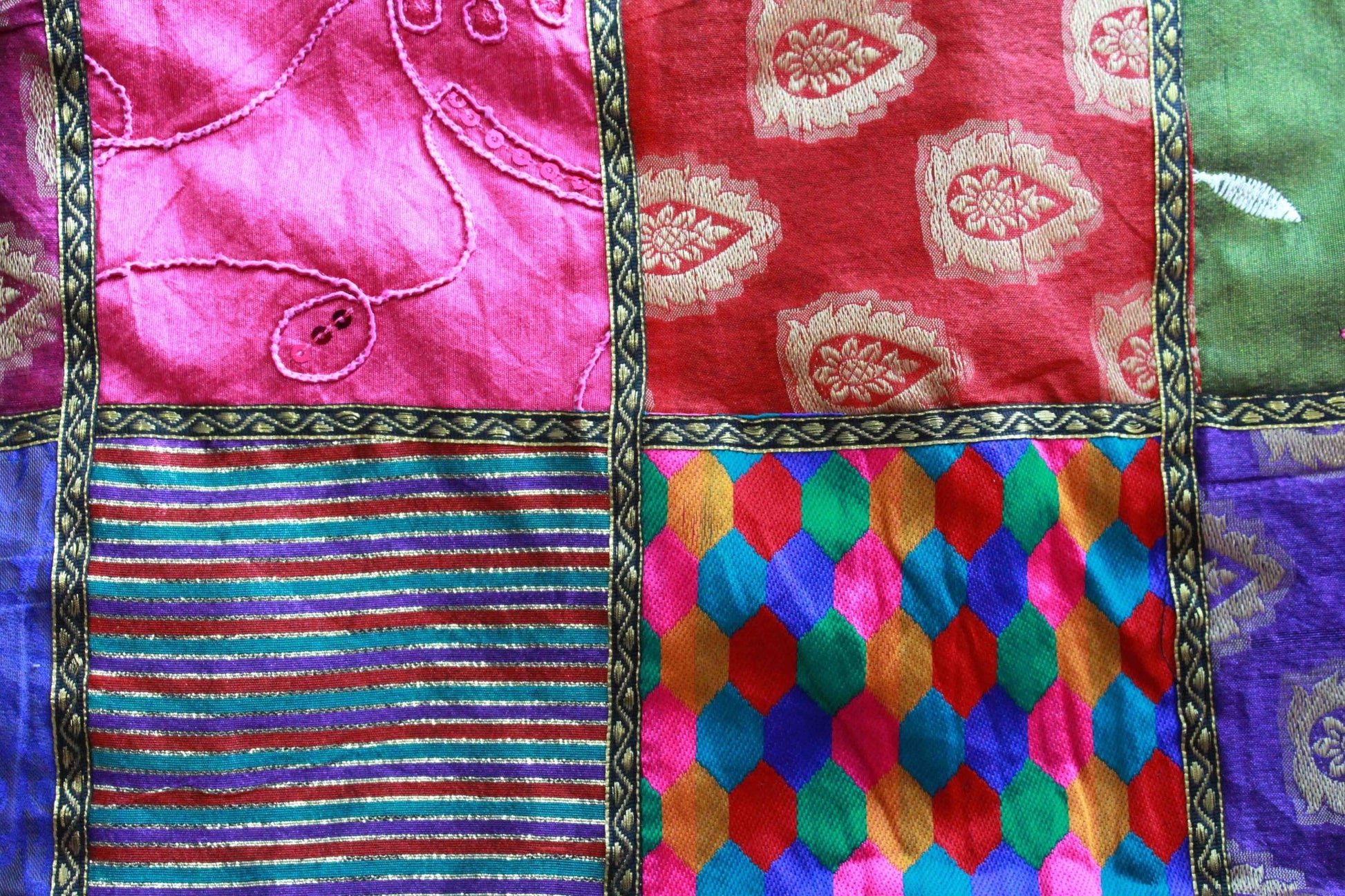 Rajasthan Patchwork Gold Print Double Bed Sheet with Two Pillow Covers and Two Cushion Covers