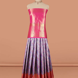 Lavender floral vine design art-silk half saree, contrast traditional zari border,zari design blouse & intricate dhavani