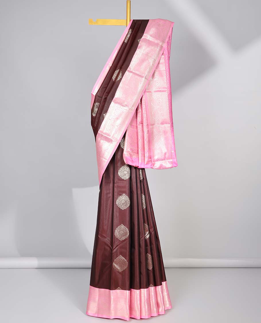 Brown floral motifs gift saree with contrast paisley border & intricate zari design pallu