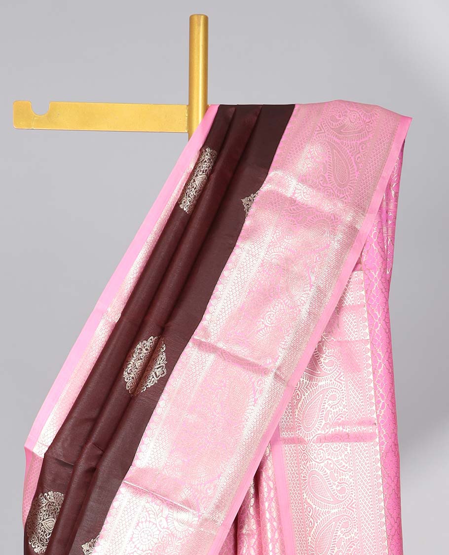 Brown floral motifs gift saree with contrast paisley border & intricate zari design pallu