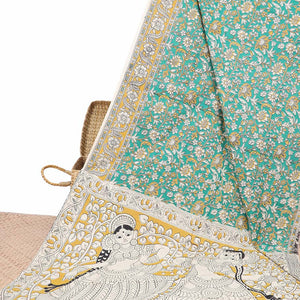 Green floral machine-printed kalamkari cotton saree, contrast floral design border & human figurines pallu