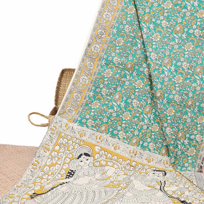 Green floral machine-printed kalamkari cotton saree, contrast floral design border & human figurines pallu