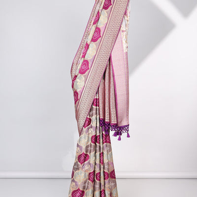 Multi-colored ogee design semi-banaras dola silk saree with contrast intricate zari border & ogee zari design pallu