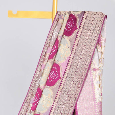 Multi-colored ogee design semi-banaras dola silk saree with contrast intricate zari border & ogee zari design pallu