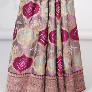 Multi-colored ogee design semi-banaras dola silk saree with contrast intricate zari border & ogee zari design pallu