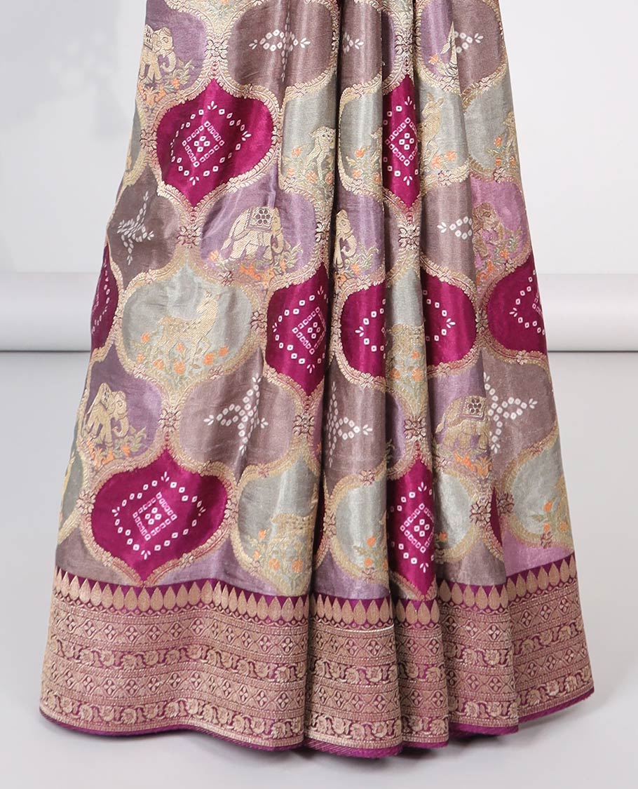 Multi-colored ogee design semi-banaras dola silk saree with contrast intricate zari border & ogee zari design pallu