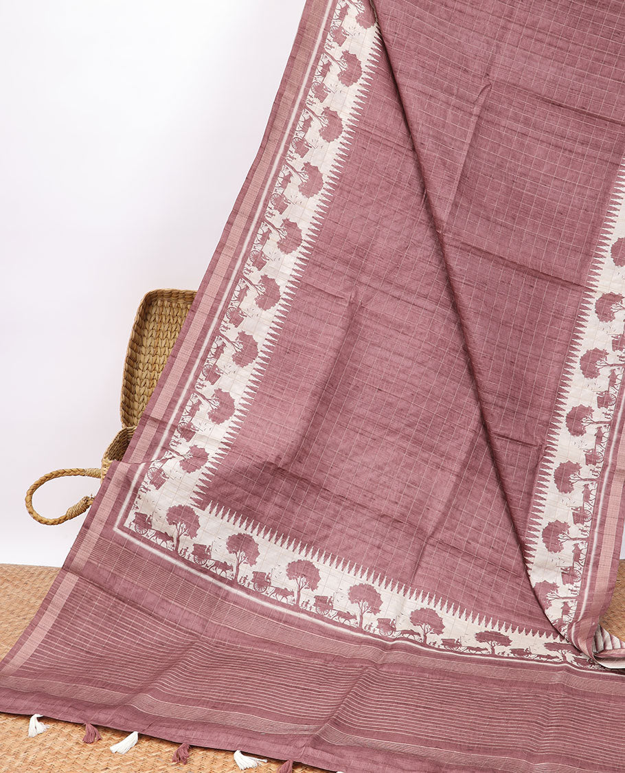 Brown checked semi-banaras tussar saree with self - bullock cart border & checked pallu