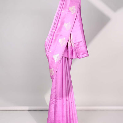 Pink floral buttas raw mango silk saree with self floral border & zari design pallu