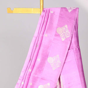 Pink floral buttas raw mango silk saree with self floral border & zari design pallu