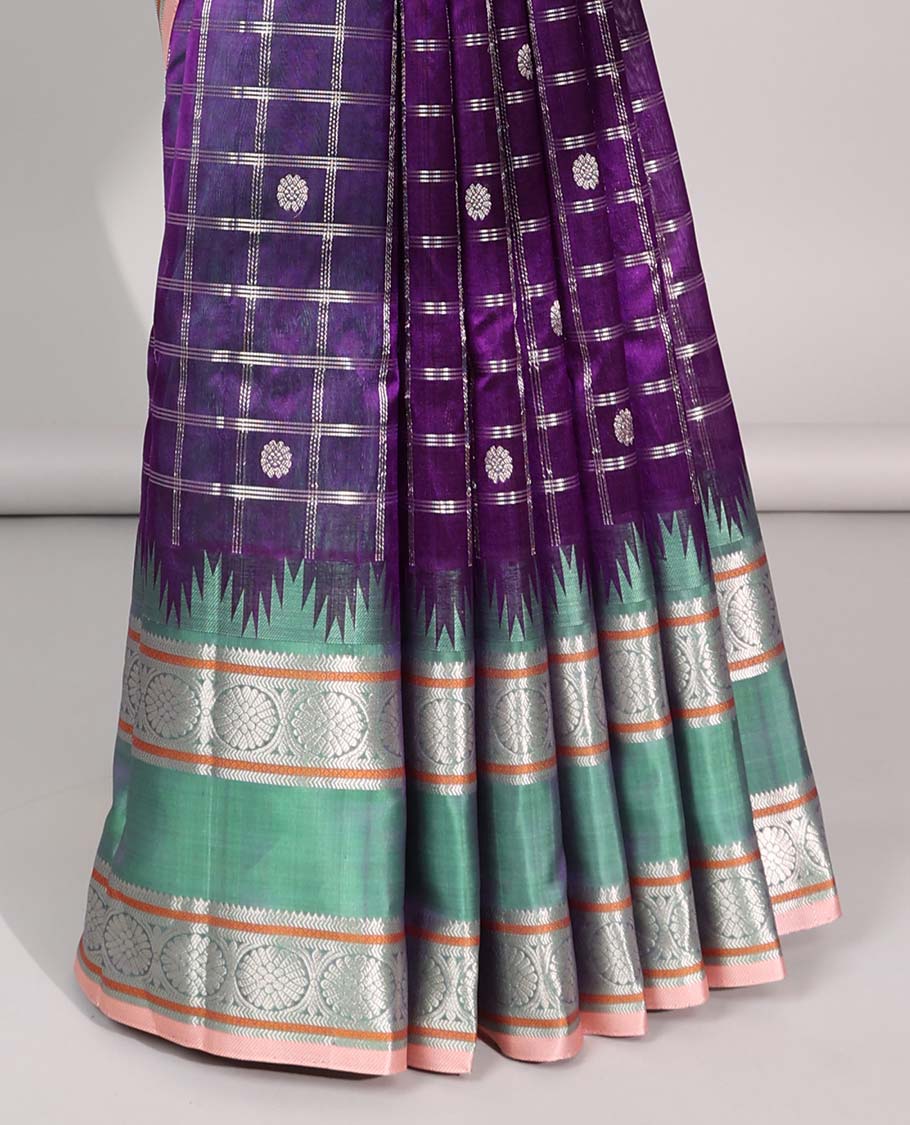 Purple floral motifs enclosed with checked kuppadam cotton saree with contrast zari border & pallu of argyle pattern