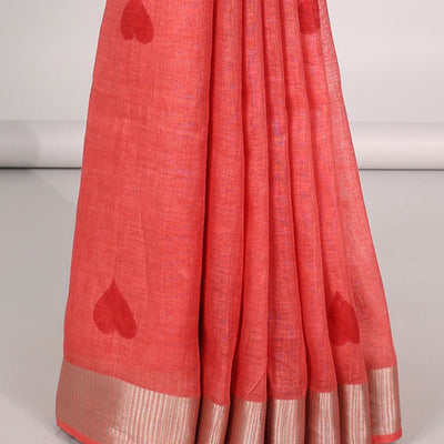 Red heart motifs linen saree with self zari border & striped zari pallu