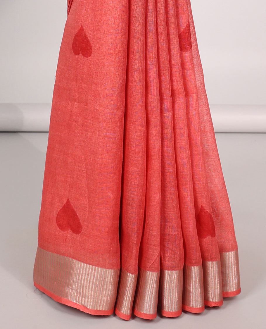 Red heart motifs linen saree with self zari border & striped zari pallu