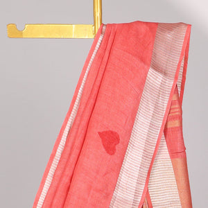 Red heart motifs linen saree with self zari border & striped zari pallu