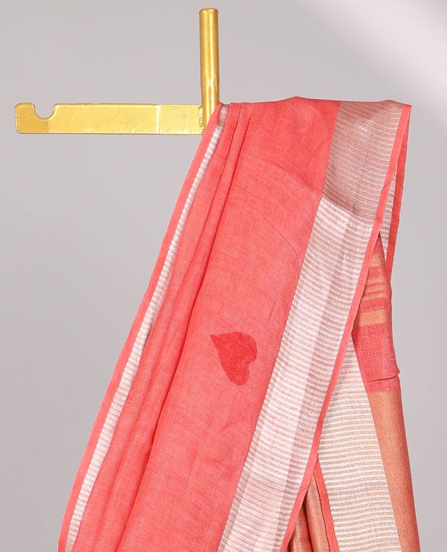Red heart motifs linen saree with self zari border & striped zari pallu