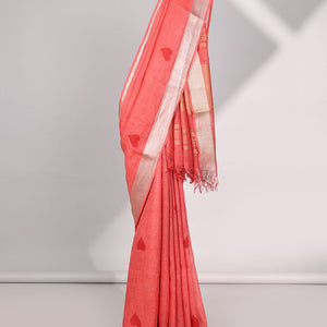 Red heart motifs linen saree with self zari border & striped zari pallu