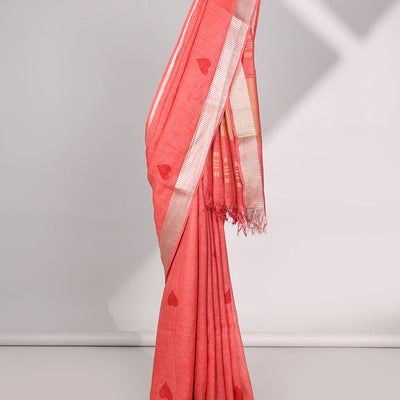 Red heart motifs linen saree with self zari border & striped zari pallu
