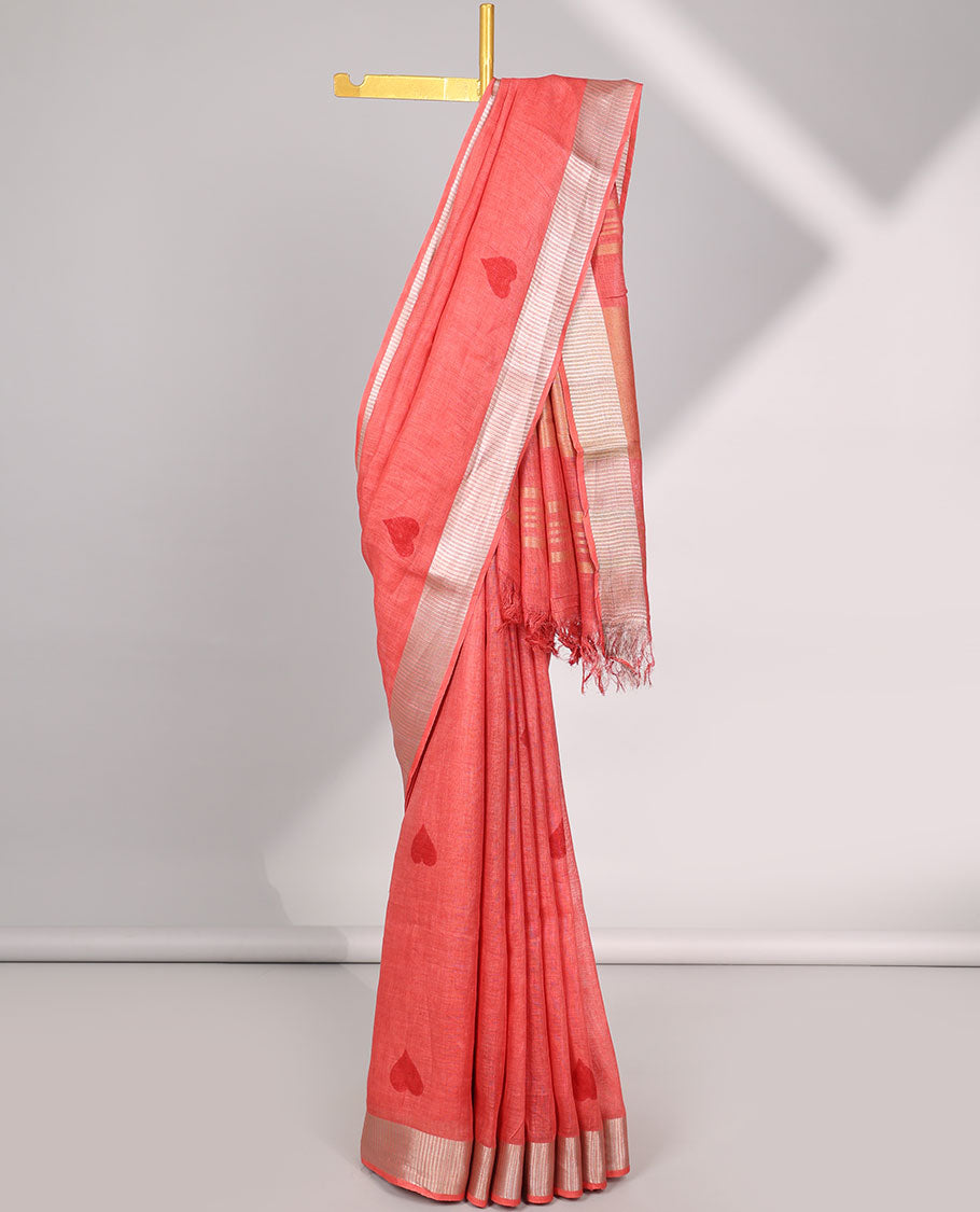 Red heart motifs linen saree with self zari border & striped zari pallu