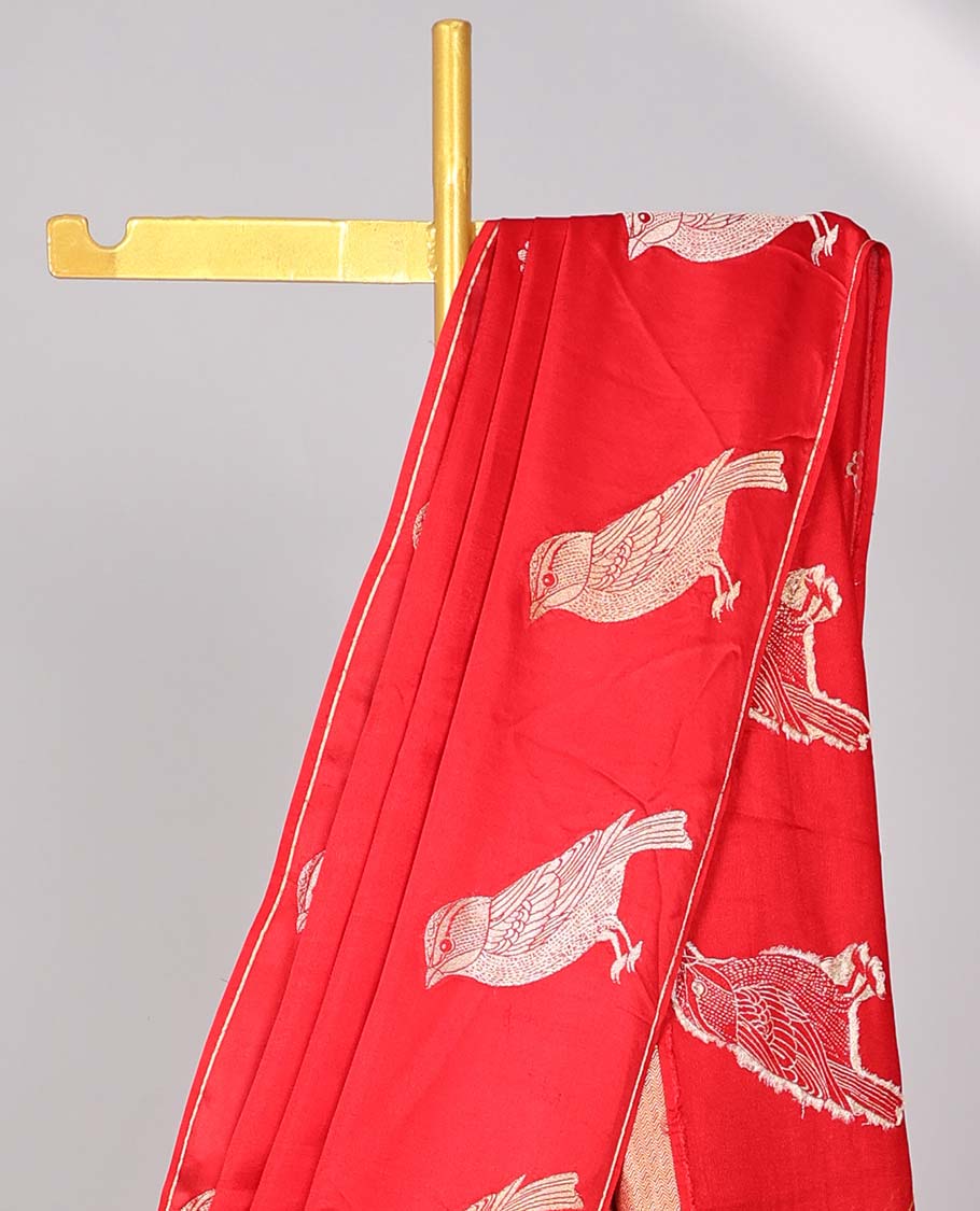 Red floral motifs mushru silk saree with self animal motifs border & striped zari pallu