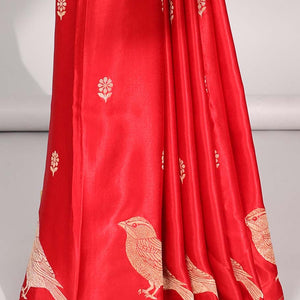 Red floral motifs mushru silk saree with self animal motifs border & striped zari pallu