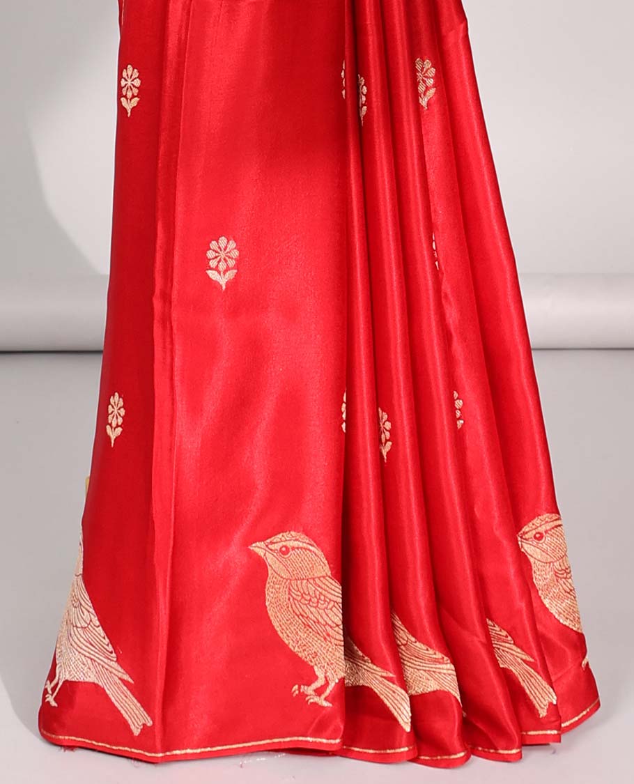 Red floral motifs mushru silk saree with self animal motifs border & striped zari pallu