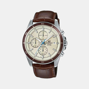 Edifice Men Quartz Beige Dial Chronograph Leather Watch EX303