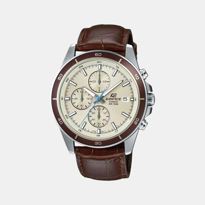 Edifice Men Quartz Beige Dial Chronograph Leather Watch EX303
