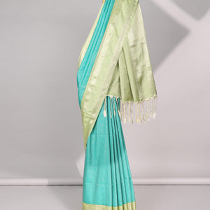 Blue motifs semi-silk soft saree with contrast zari border & intricate design pallu